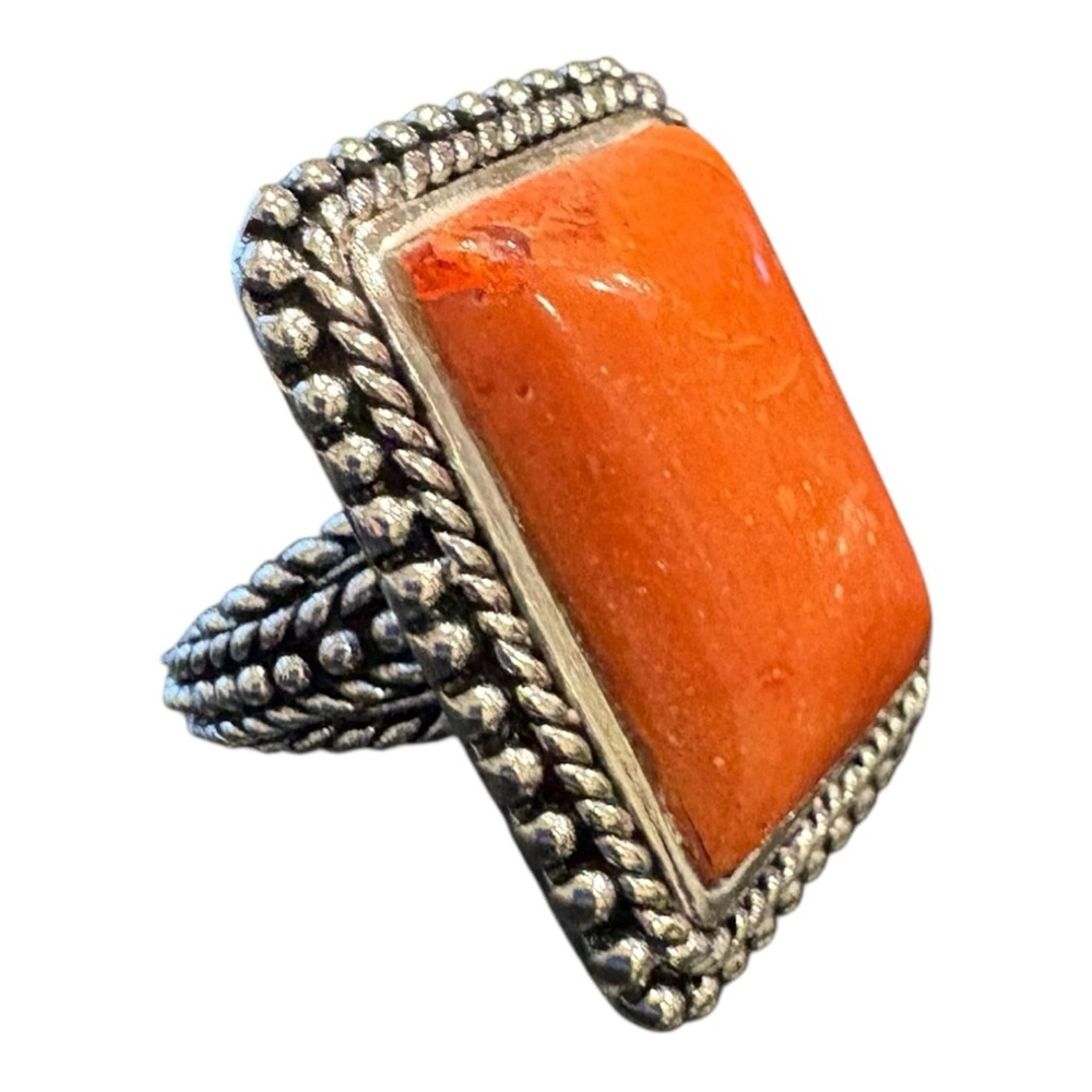Sterling Silver Bbj Statement Ring Orange Coral R… - image 1
